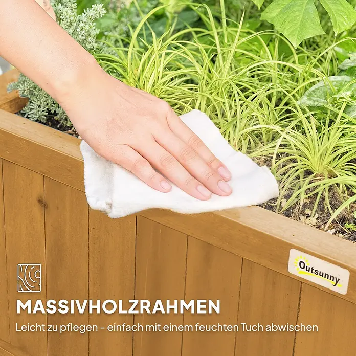Outsunny Hochbeet - 90 x 45 x 183 cm, Holz, Gelb - Eine Hand wischt ein Massivholz-Pflanzgefäß mit einem weißen Tuch ab. Leicht zu reinigen.
