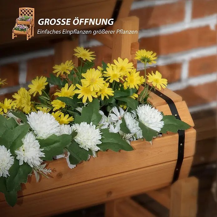 SONNENH Hochbeet mit Rankhilfe - Holz, gelb - Hölzerner zweistufiger Pflanzständer mit fassförmigen Pflanzkübeln aus hellem Holz, schwarzen Bändern und künstlichen gelben und weißen Blumen.
