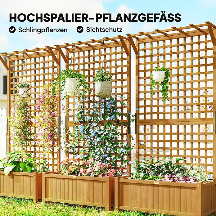 Outsunny Hochbeet - 90 x 45 x 183 cm, Holz, Gelb - Hölzernes Hochbeet mit Spalier, bepflanzt mit Kletterpflanzen und bunten Blumen.