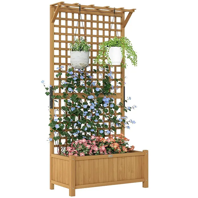 Outsunny Hochbeet - 90 x 45 x 183 cm, Holz, Gelb - Pflanzkasten aus Naturholz mit integriertem Rankgitter, gefüllt mit verschiedenen farbenfrohen Pflanzen, darunter blaue Kletterpflanzen und Hängegrün.