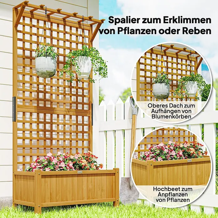 Outsunny Hochbeet - 90 x 45 x 183 cm, Holz, Gelb - Helles Holz Hochbeet mit integriertem Spalier, bepflanzt mit Blumen und Hängepflanzen im Garten.