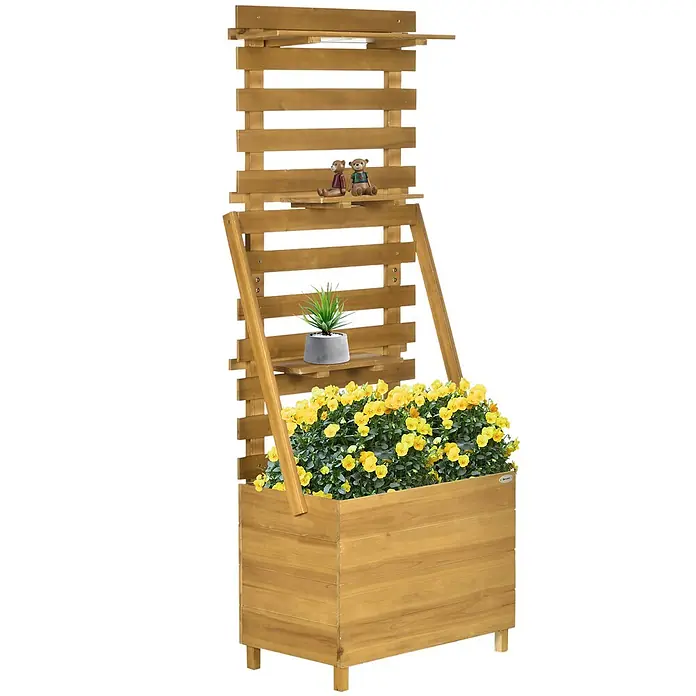 Outsunny Hochbeet - 63 x 39 x 160 cm, Holz, Braun - Pflanzkasten aus Holz mit integriertem Spalier und mehreren Ablagen, gefüllt mit gelben Blumen, einer Topfpflanze und Deko-Teddybären.