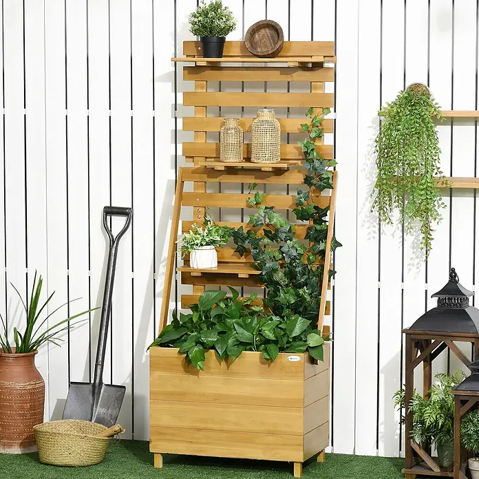 Furnicato Hochbeet - 63 x 39 x 160 cm, Holz, Braun - Hölzerner Pflanzkasten mit integriertem Spalier und Regalen, gefüllt mit grünen Pflanzen. Naturholz, ideal für Garten und Außendekoration.