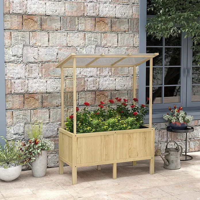 Furnicato Hochbeet - 110 x 60 x 152 cm, Holz, Naturholz - Helles Hochbeet aus Holz mit transparenter Abdeckung, bepflanzt mit roten und gelben Blumen.