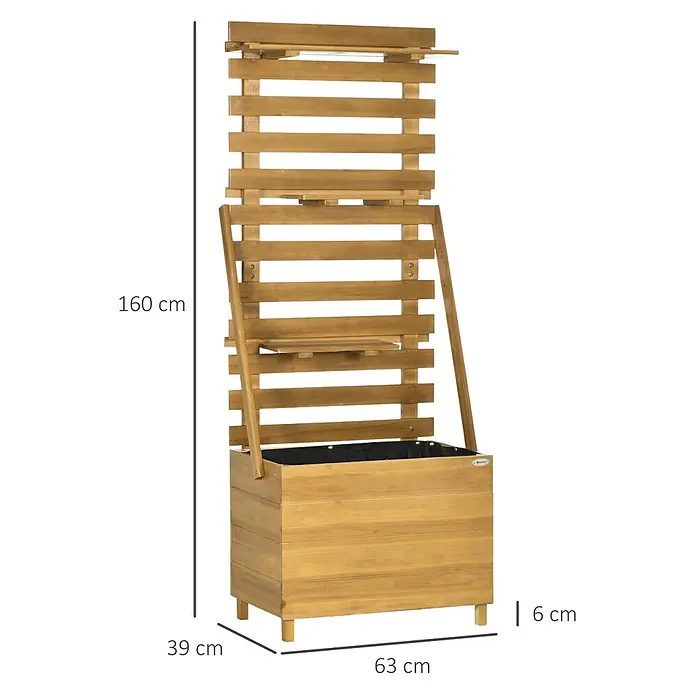 Outsunny Hochbeet - 63 x 39 x 160 cm, Holz, Braun - Heller Holz-Pflanzkübel mit hohem Rankgitter, kleinem Regal und schwarzer Innenauskleidung.