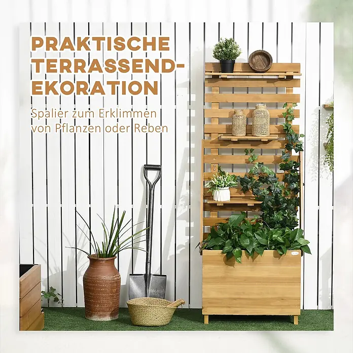 Furnicato Hochbeet - 63 x 39 x 160 cm, Holz, Braun - Holzkübel mit integriertem Spalier und Ablagen, unterstützt Kletterpflanzen.