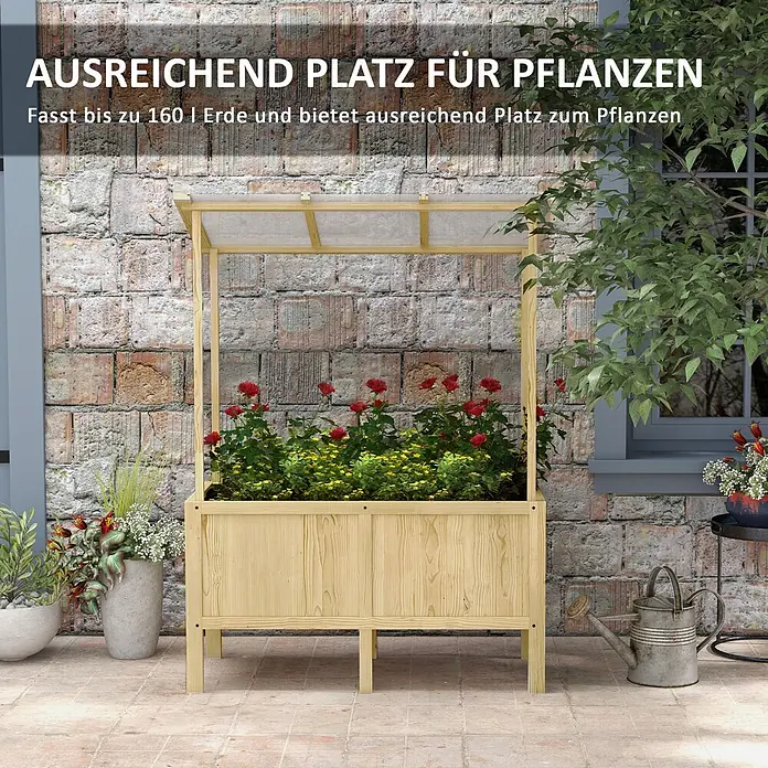 Furnicato Hochbeet - 110 x 60 x 152 cm, Holz, Naturholz - Holz-Hochbeet mit transparenter Abdeckung, gefüllt mit roten und gelben Blumen, auf einer Terrasse.