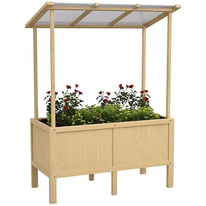 Outsunny Hochbeet - Holz, Beige - Erhöhtes Holzbeet mit transparentem Dach.