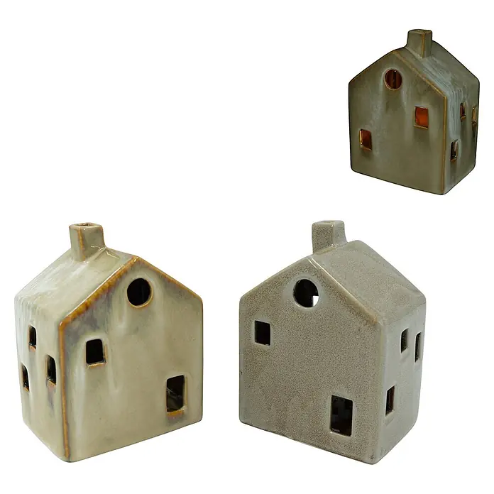 Dekoartikel LED Haus - 1 Stk., Sortiert, 10 x 8 x 14,5 cm - Set aus drei keramik Häuschen-Teelichthaltern mit Ausschnitten, in verschiedenen Beige-, Grün- und Grautönen glasiert.