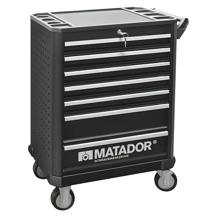 Matador Werkstattwagen Ratio Automotive Pro - L x B x H: 470 x 785 x 1.030 mm, Anzahl Schubladen: 7 Stk., Zubehör: 279 -tlg. - Schwarzer Matador Werkzeugwagen mit Schubladen und Rollen, ideal für die Werkstatt.