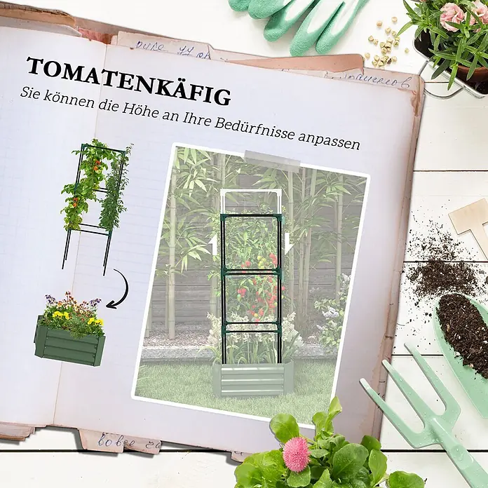Furnicato Hochbeet - 61 x 61 x 140 cm, Verbundwerkstoff, Grün - Modularer, höhenverstellbarer Tomatenkäfig in Dunkelgrün, auch als Blumenkübel verwendbar.