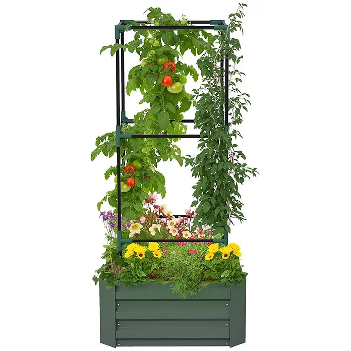 Outsunny Hochbeet - Stahl, Grün - Grünes Metall-Hochbeet mit integriertem schwarz-grünem Spalier, gefüllt mit Tomaten, Kletterpflanzen und verschiedenen Blumen.
