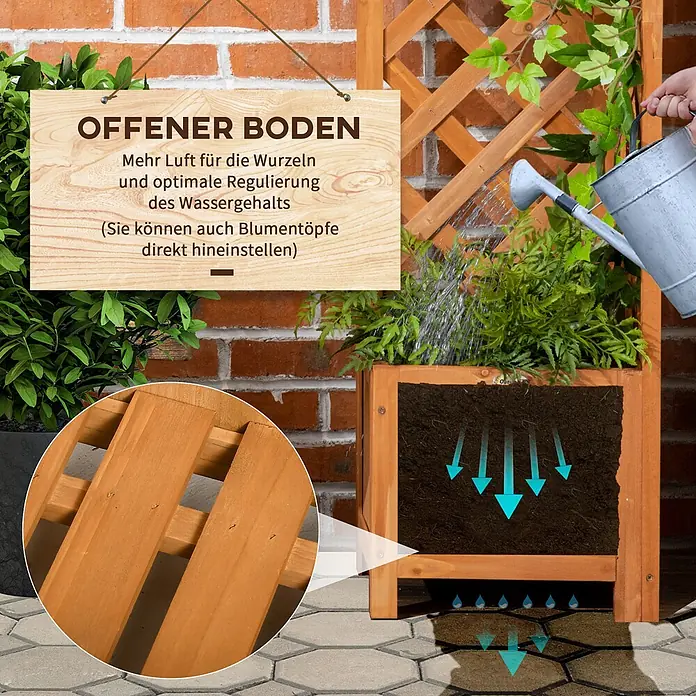 Outsunny Hochbeet - 32 x 32 x 108 cm, Holz, Braun - Brauner Holzpflanzkasten mit Spalier, bewässert. Sein Lattenboden sorgt für optimale Drainage und Wurzelbelüftung.