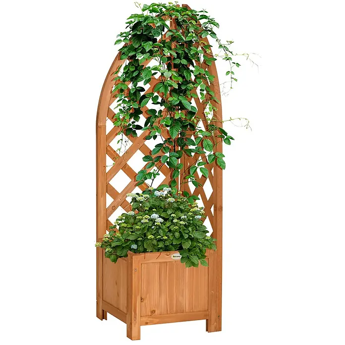Outsunny Hochbeet - 32 x 32 x 108 cm, Holz, Braun - Hölzerner Pflanzkasten mit integriertem Rankgitter, an dem eine Kletterpflanze wächst und eine blühende Pflanze im Kasten steht.