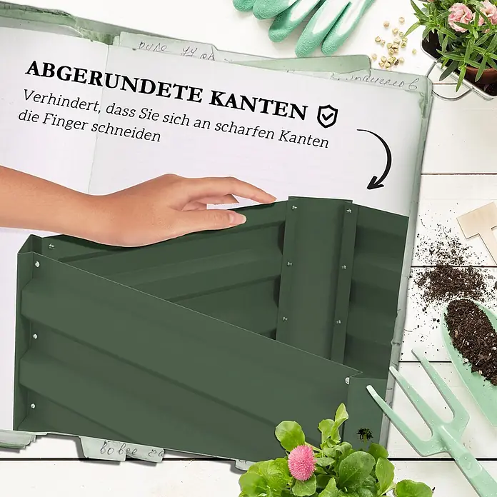 Furnicato Hochbeet - 61 x 61 x 140 cm, Verbundwerkstoff, Grün - Dunkelgrünes Metall-Hochbeet mit abgerundeten Kanten. Eine Hand berührt den oberen Rand, um die sichere Ausführung zu demonstrieren.