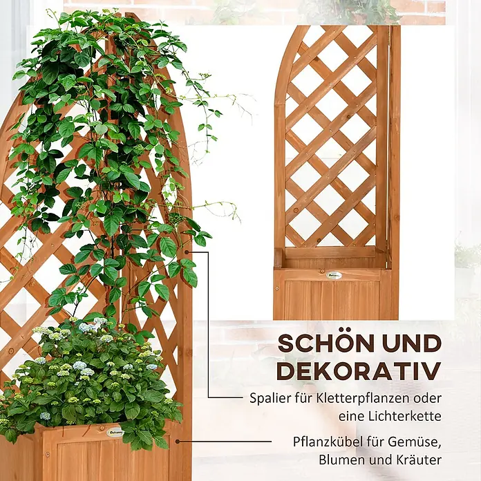 Outsunny Hochbeet - 32 x 32 x 108 cm, Holz, Braun - Dekorativer Holzpflanzkübel mit Rankgitter für Kletterpflanzen/Lichterketten und einem Kasten für Gemüse, Blumen oder Kräuter.