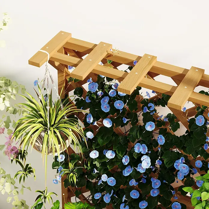Outsunny Hochbeet - 64 x 33 x 122 cm, Holz, Naturholz - Holzgitter mit blauen Prunkwinden und hängender Grünlilie in einem geflochtenen Topf. Eine üppige grüne Dekoration.