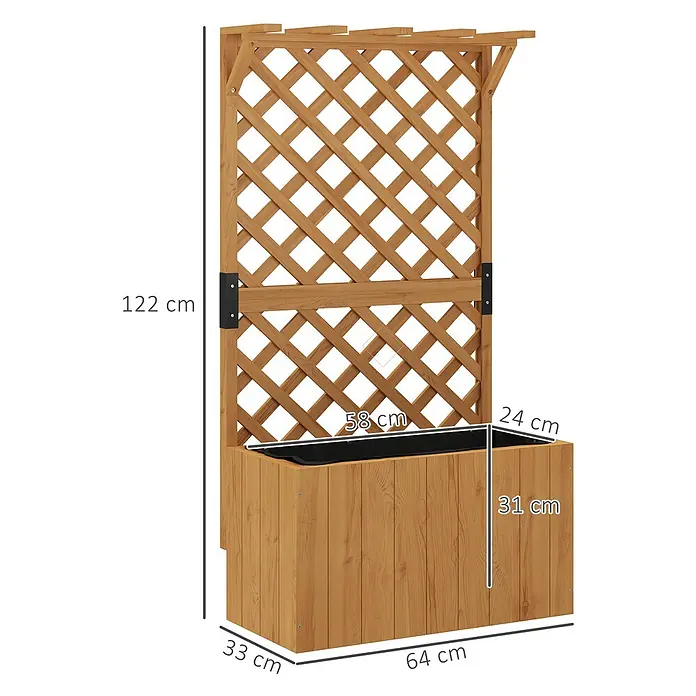 Outsunny Hochbeet - 64 x 33 x 122 cm, Holz, Naturholz - Pflanzkasten aus Naturholz mit integriertem Rankgitter für Kletterpflanzen, Maße angezeigt.