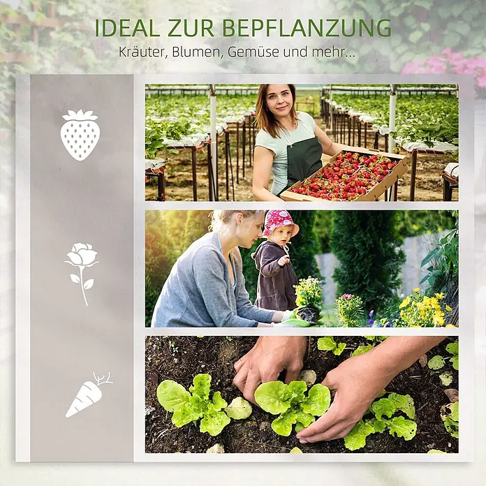 Outsunny Hochbeet mit 3 Ebenen - Holz, Naturholz - Collage mit vielfältigem Anbau: Erdbeerernte, Gartenarbeit mit Kind, Kopfsalat pflanzen. Ideal für Kräuter, Blumen, Gemüse.