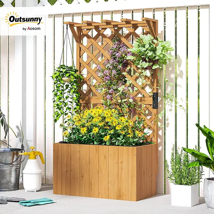 Outsunny Hochbeet - 64 x 33 x 122 cm, Holz, Naturholz - Holz-Pflanzkasten mit integriertem Spalier für Kletterpflanzen, gefüllt mit Blumen und Grünzeug, im Außenbereich.
