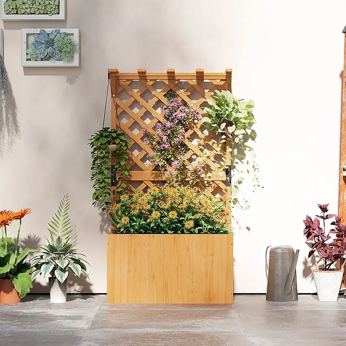 Outsunny Hochbeet - 64 x 33 x 122 cm, Holz, Naturholz - Pflanzkasten mit Spalier aus hellem Holz, gefüllt mit Blumen und Kletterpflanzen, an einer Wand platziert.