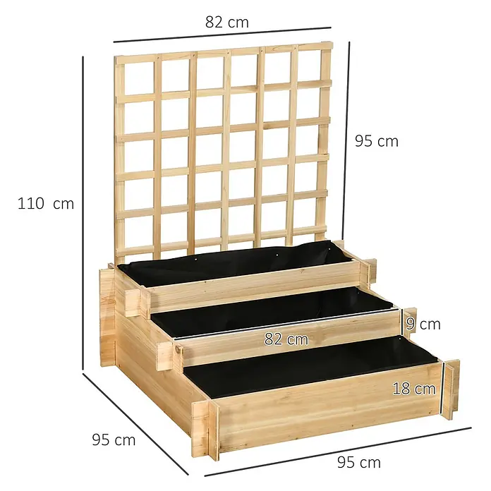 Outsunny Hochbeet mit 3 Ebenen - Holz, Naturholz - Gestuftes Holzhochbeet mit Spalier, drei Pflanzkästen mit schwarzen Einsätzen. Ideal für kleine Gärten.