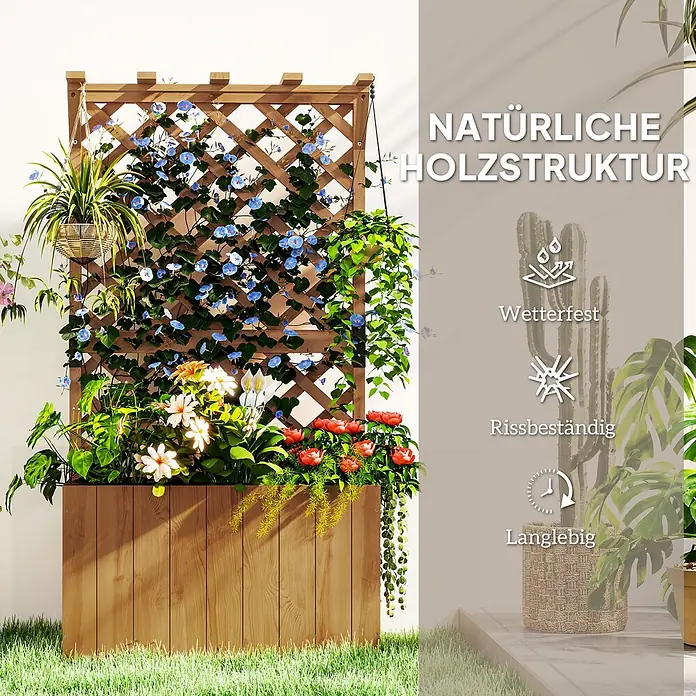 Outsunny Hochbeet - 64 x 33 x 122 cm, Holz, Naturholz - Gartenrankgitter aus Holz mit integriertem Pflanzkasten, bewachsen mit Kletterpflanzen und Blumen.