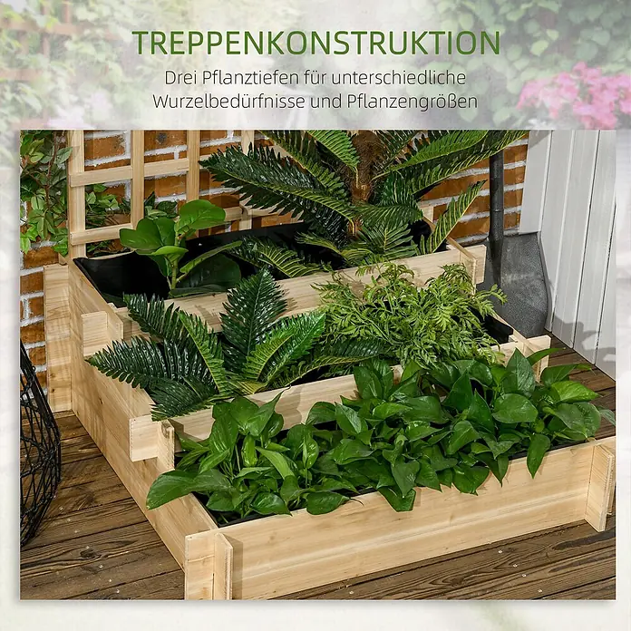 Outsunny Hochbeet mit 3 Ebenen - Holz, Naturholz - Dreistufige Holz-Pflanzentreppe mit drei Pflanztiefen, ideal für unterschiedliche Pflanzen und Wurzelbedürfnisse.