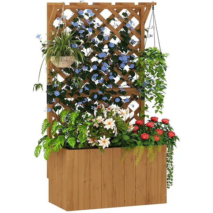 Outsunny Hochbeet - 64 x 33 x 122 cm, Holz, Naturholz - Hellbrauner Holzpflanzkasten mit integriertem Rankgitter, voller Kletterpflanzen und bunter Blumen.