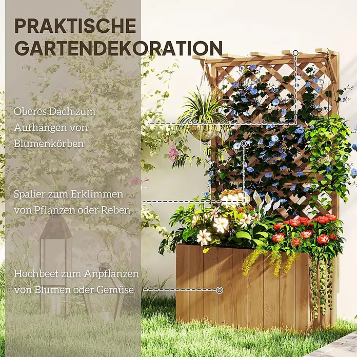 Outsunny Hochbeet - 64 x 33 x 122 cm, Holz, Naturholz - Hölzernes Hochbeet mit Spalier für Kletterpflanzen und Aufhängemöglichkeit für Blumenkörbe im Garten.