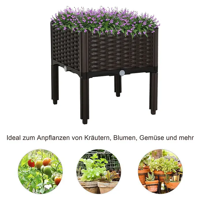 Outsunny Hochbeet Braun, 40cm x 40cm x 44cm - Kunststoff, Braun - Dunkelbraunes Hochbeet mit Rattan-Optik, gefüllt mit lila Blumen.