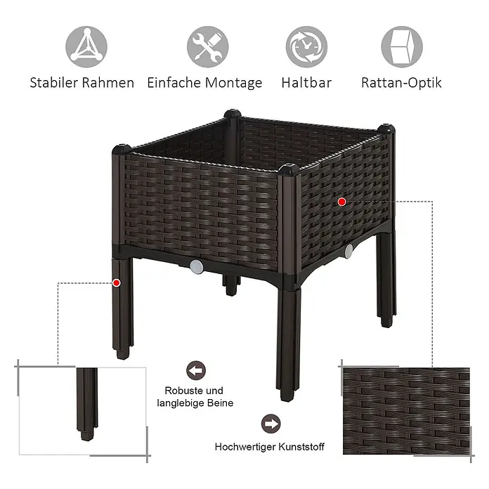 Outsunny Hochbeet Braun, 40cm x 40cm x 44cm - Kunststoff, Braun - Braunes Hochbeet aus Kunststoff in Rattan-Optik mit stabilen Beinen, langlebig und einfach zu montieren.