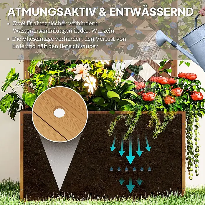 Outsunny Hochbeet - 64 x 33 x 122 cm, Holz, Naturholz - Holzpflanzgefäß mit Ablauflöchern und Vlieseinlage für optimale Drainage und Wurzelbelüftung.