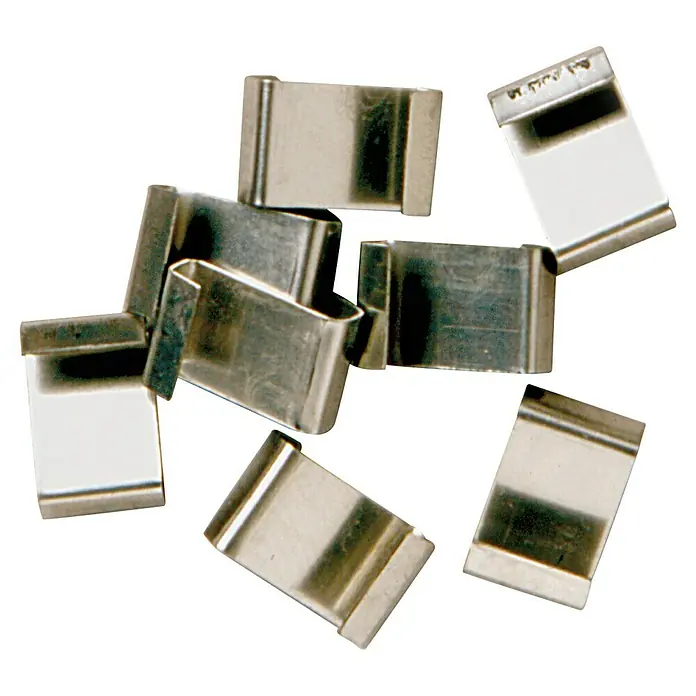 Vitavia Glashalter - Geeignet für: Einscheibensicherheitsgläser 3 - 4 mm - Nahaufnahme mehrerer Metallclips, die auf einer ebenen Fläche verstreut sind. Sie scheinen zum Befestigen von Objekten konzipiert zu sein.