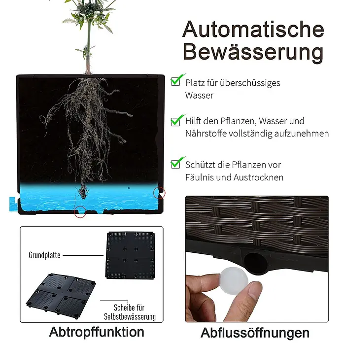 Outsunny Hochbeet Braun, 40cm x 40cm x 44cm - Kunststoff, Braun - Dunkelbraunes selbstbewässerndes Pflanzgefäß mit Rattanmuster und Drainage, zeigt Wurzeln, die Wasser aufnehmen, und Systemkomponenten.