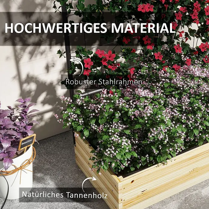 Furnicato Hochbeet - 145 x 38 x 145 cm, Verbundwerkstoff, Naturholz - Pflanzkasten aus Tannenholz mit robustem schwarzen Stahlrankgitter, gefüllt mit blühenden Pflanzen.