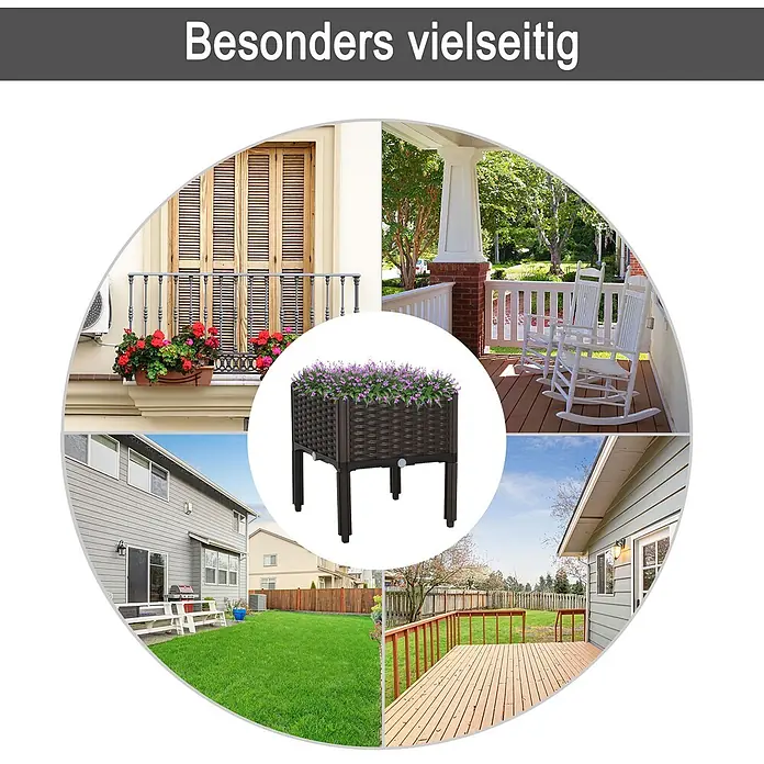 Outsunny Hochbeet Braun, 40cm x 40cm x 44cm - Kunststoff, Braun - Braunes Hochbeet im Rattan-Look mit lila Blumen, gezeigt in verschiedenen Außenbereichen zur Betonung seiner Vielseitigkeit.