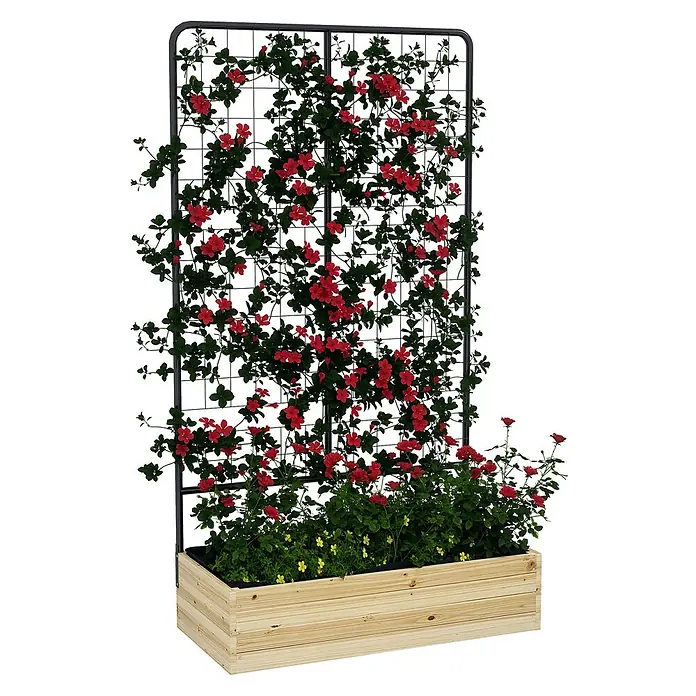 Outsunny Hochbeet - 80 x 38 x 145 cm, Stahl, Naturholz - Hölzerner Pflanzkasten mit schwarzem Metallspalier, geschmückt mit roten Kletterblumen und kleineren gelben Blüten.
