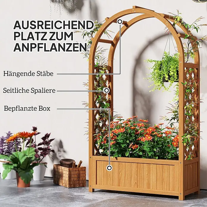 Outsunny Hochbeet - Holz, Braun - Hölzernes Rankgitter mit integriertem Pflanzkasten, Spalieren und Hängestangen, bepflanzt mit Blumen.