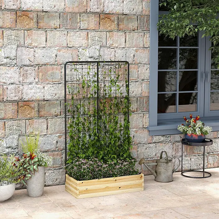 Furnicato Hochbeet - 145 x 38 x 145 cm, Verbundwerkstoff, Naturholz - Hölzerner Pflanzkasten mit integriertem schwarzem Metallspalier, gefüllt mit Pflanzen und Blumen, auf einer Terrasse.