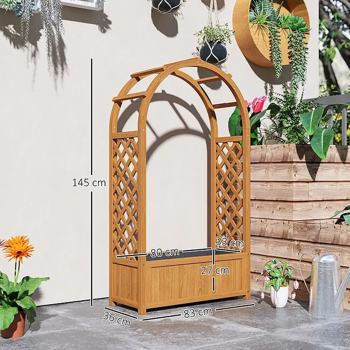 Outsunny Hochbeet - Holz, Braun - Pflanzkasten aus Holz mit Rankbogen für Kletterpflanzen, auf einer Terrasse mit weiteren Topfpflanzen dargestellt.