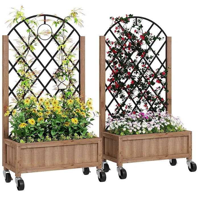 Outsunny Hochbeet - Stahl, Braun - Zwei mobile Pflanzkästen aus Holz mit schwarzen Rankgittern, gefüllt mit bunten Kletterpflanzen und Blumen.