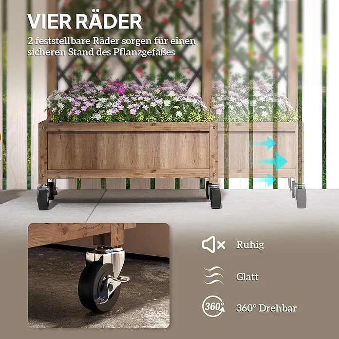 Outsunny Hochbeet - Stahl, Braun - Hölzerner Pflanzkasten auf Rollen, gefüllt mit bunten Blumen. Mit leichtgängigen, um 360° drehbaren Rollen, zwei davon feststellbar für Stabilität.