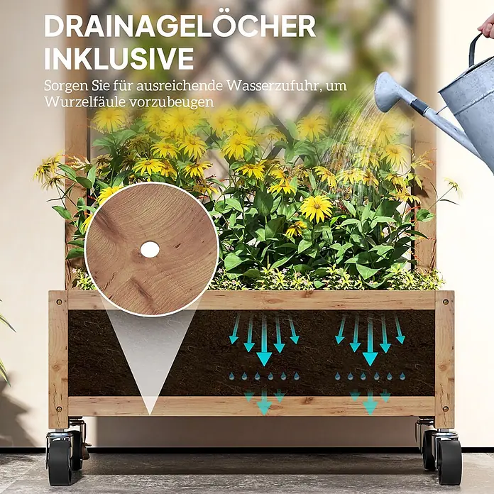 Outsunny Hochbeet - Stahl, Braun - Holz-Pflanzgefäß auf Rollen mit gelben Blumen, das gegossen wird, zeigt integrierte Drainagelöcher gegen Wurzelfäule.