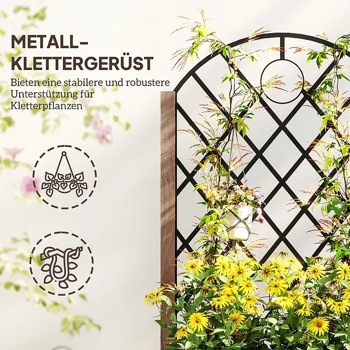 Outsunny Hochbeet - Stahl, Braun - Schwarzes Metall-Klettergerüst mit Bogen und Gittermuster, stützt Kletterpflanzen und Hängetopf.