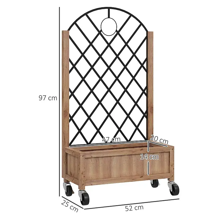 Outsunny Hochbeet - Stahl, Braun - Mobiler Pflanzkasten aus Holz mit schwarzem Metallspalier auf Rollen, mit Maßangaben.