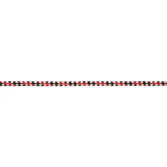 Stabilit Flechtschnur Meterware - Belastbarkeit: 18 kg, Polypropylen, 3 mm, Rotbunt - Detailaufnahme eines geflochtenen Bandes in Rot, Schwarz und Weiß, das ein dekoratives und vielseitiges Accessoire darstellt.