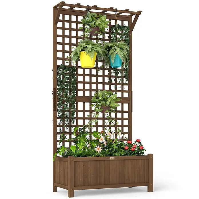 Outsunny Hochbeet - 90 x 45 x 183 cm, Holz, Kaffeebraun - Dunkelbrauner hölzerner Pflanzkasten mit integriertem Spalier, gefüllt mit verschiedenen Pflanzen und hängenden Töpfen.