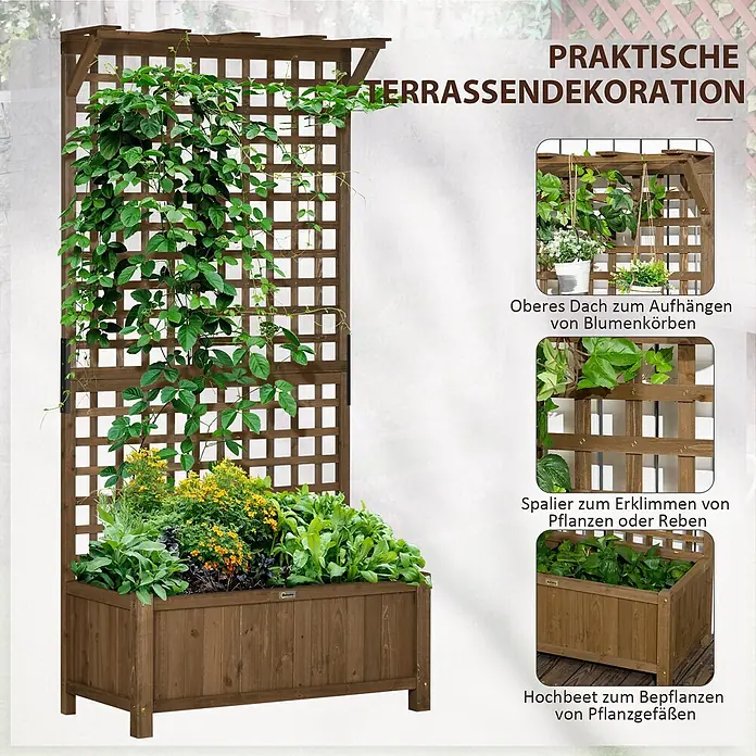 Outsunny Hochbeet - 90 x 45 x 183 cm, Holz, Kaffeebraun - Dunkelbraunes Hochbeet aus Holz mit Spalier und oberer Stange zum Aufhängen. Ideal für Terrassenbepflanzung und Kletterpflanzen.
