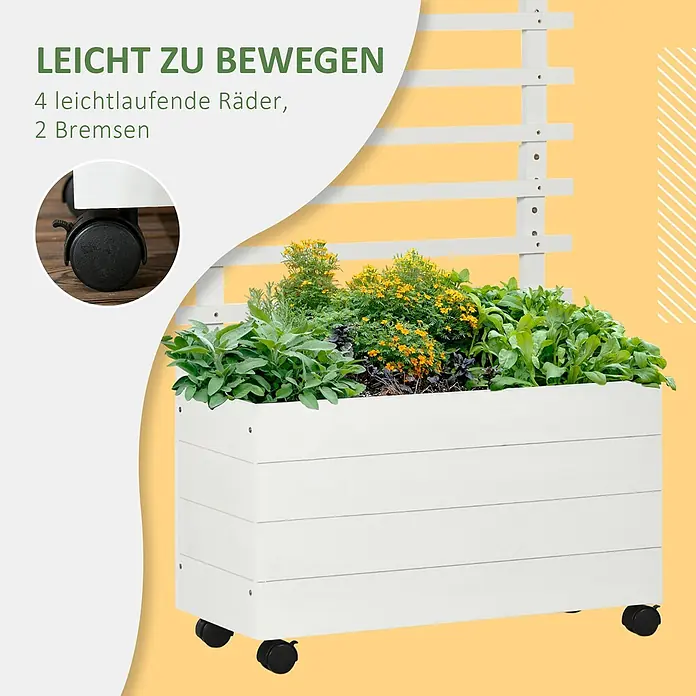 Outsunny Hochbeet - Holz, Weiß - Weißer Holz-Pflanzkasten mit Spalier, auf Rollen für leichte Bewegung, gefüllt mit grünen und gelben Pflanzen.